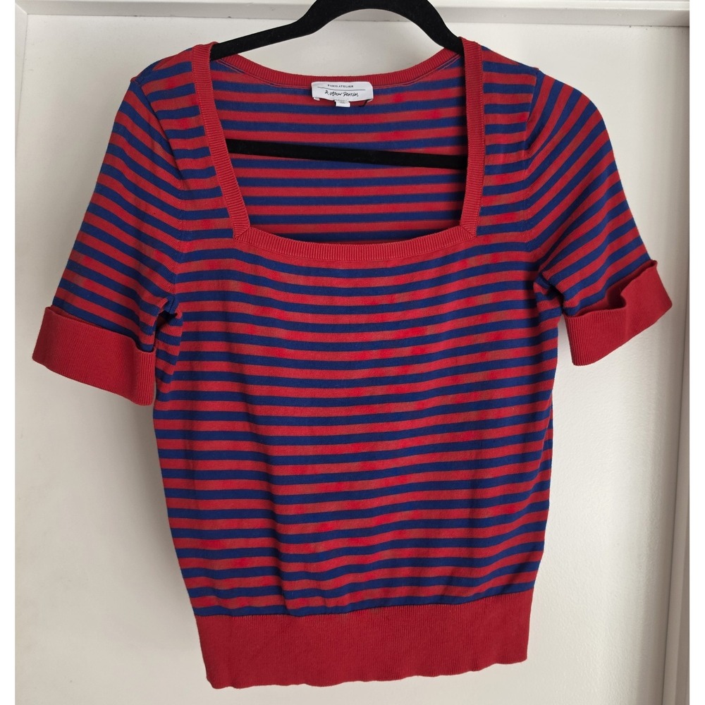 & Other Stories Paris Atelier Striped Sweater S Red Blue Square Neck Cotton Silk